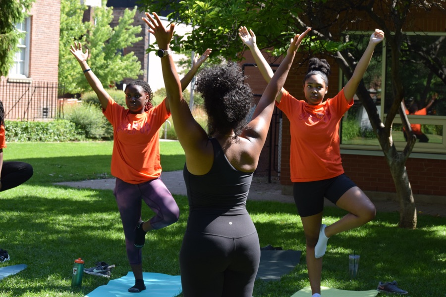 SummerUp students doing yoga outdoors in tree pose